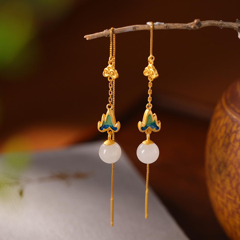 纯银s925纯银耳坠景泰蓝镀金和田玉复古祥云山峰长款女耳线