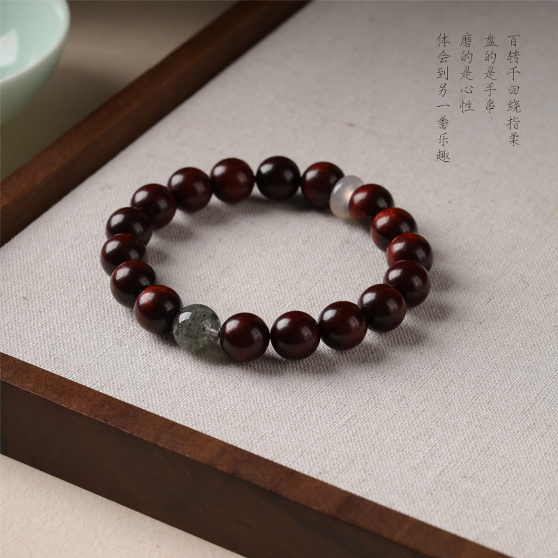 新中式小叶紫檀黑檀木绿幽灵水晶单圈款手串饰品手链男女