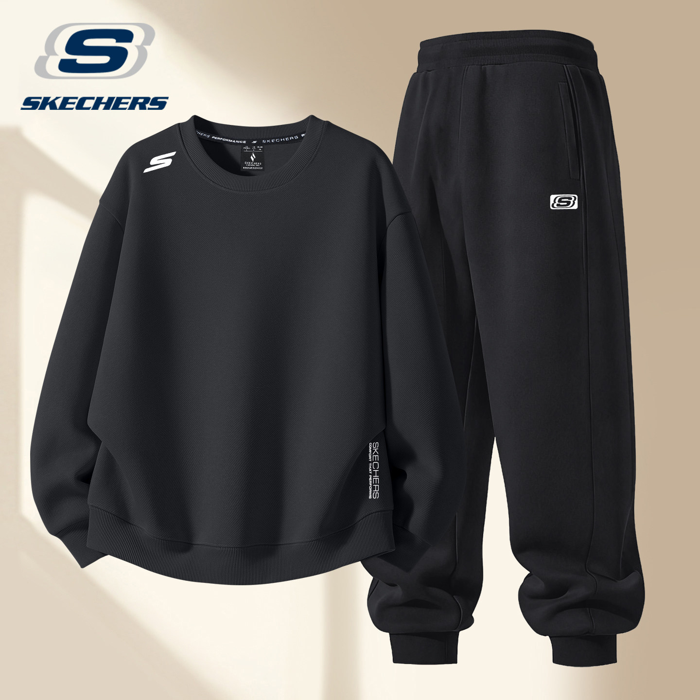 斯凯奇卫衣套装男春季宽松大码卫衣长裤男士跑步健身房休闲运动服