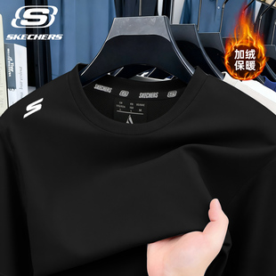 斯凯奇运动卫衣男款冬季加绒加厚圆领套头内搭黑色无帽长袖t恤