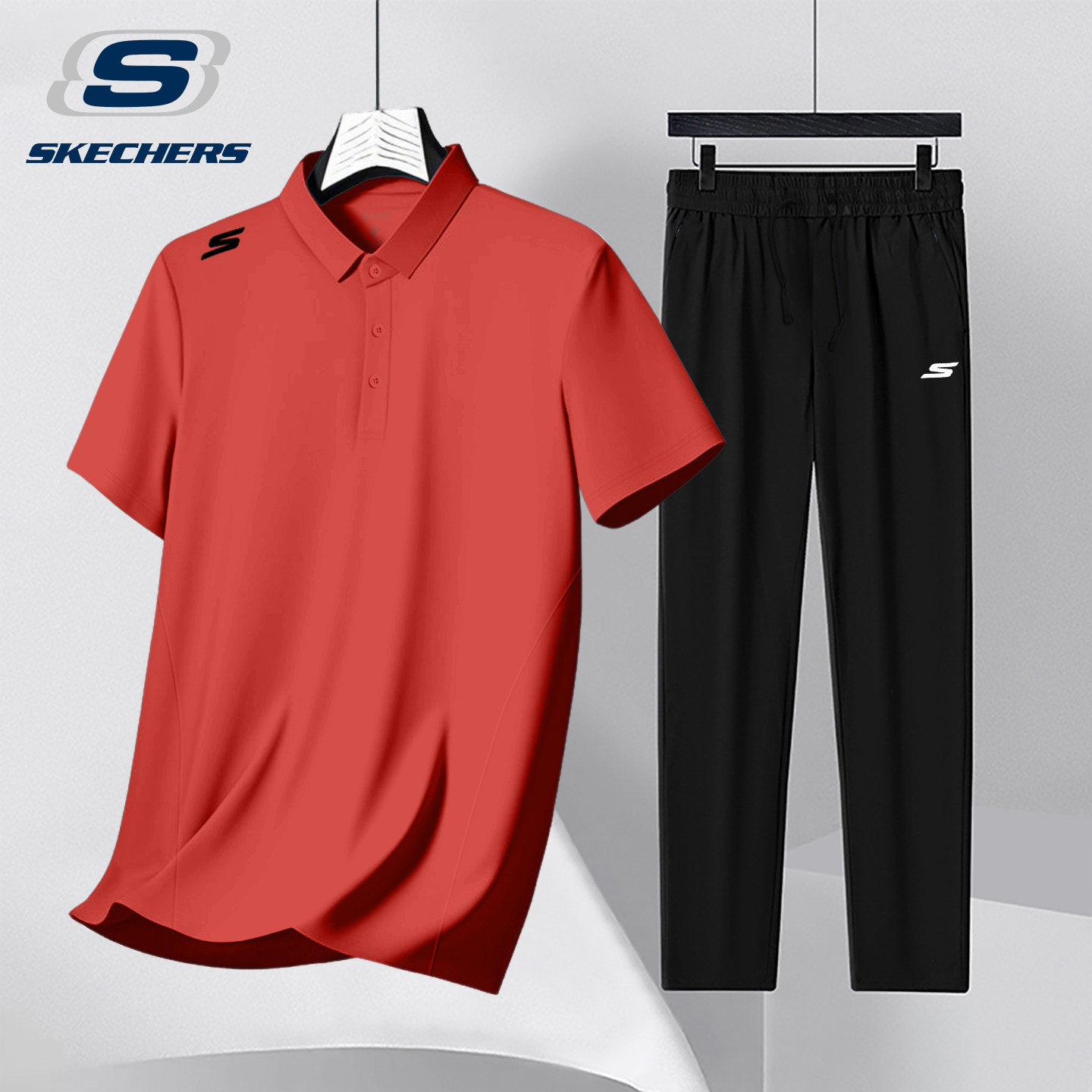 斯凯奇休闲套装男夏季新款冰丝Polo衫运动短袖长裤商务通勤爸爸装