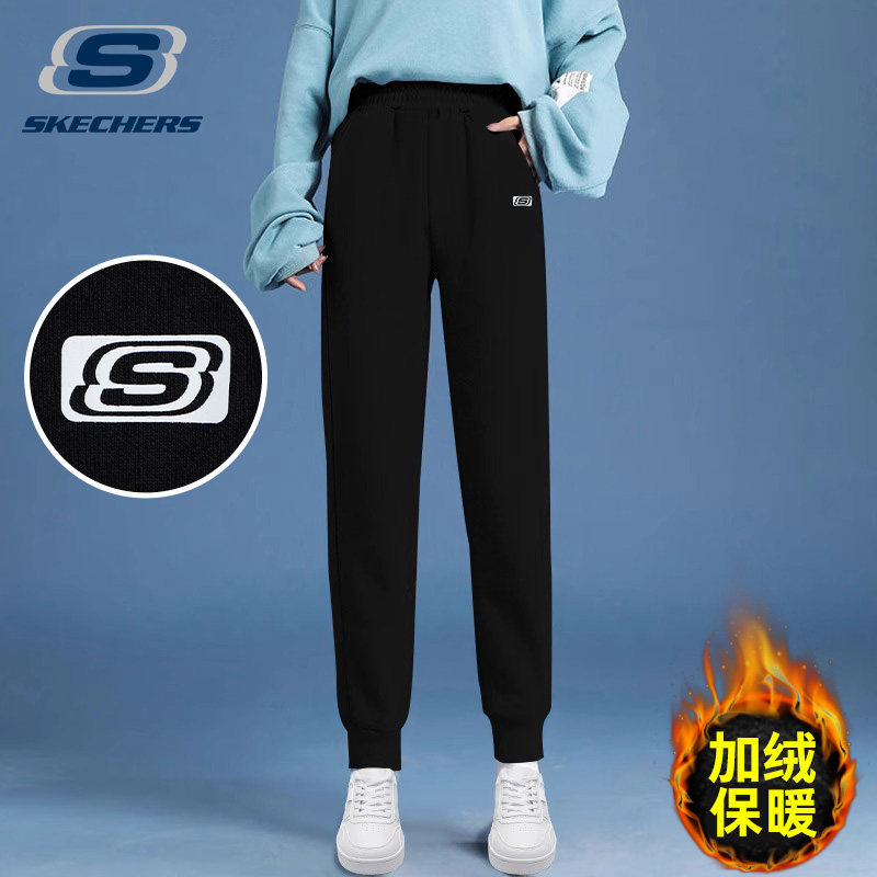 斯凯奇运动裤女秋冬季新款加绒保暖针织卫裤束脚黑色休闲跑步长裤