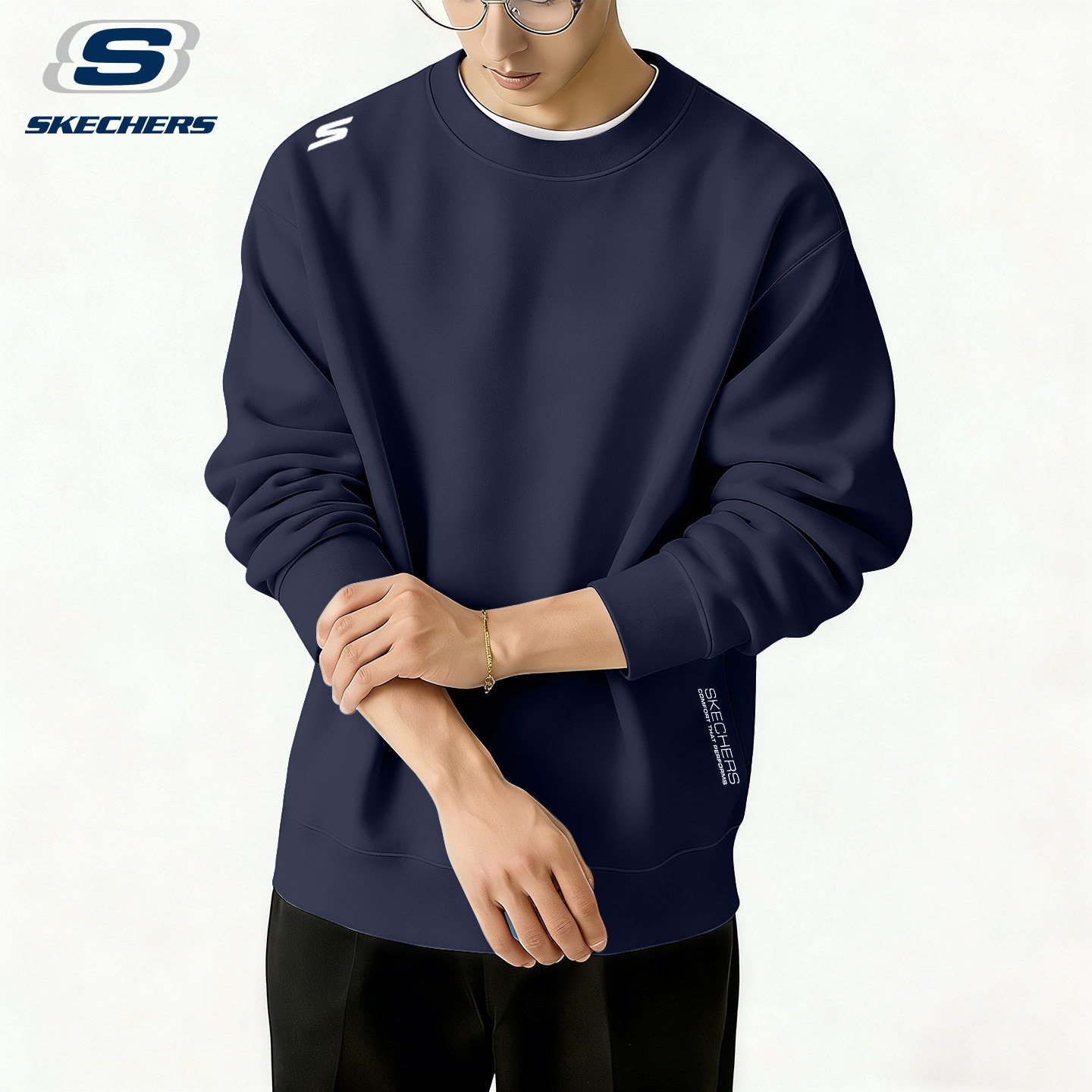 斯凯奇长袖T恤男2026春季针织卫衣宽松复古圆领休闲运动潮牌内搭