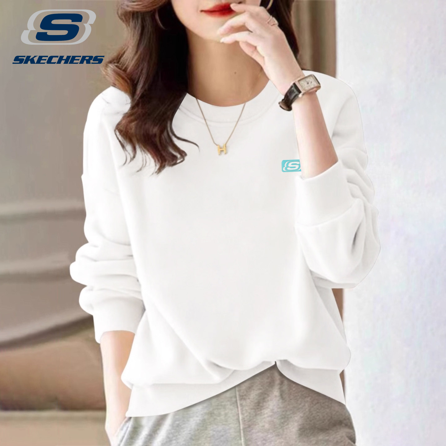 斯凯奇休闲卫衣女2026秋季新款圆领百搭长袖t恤宽松大码运动上衣