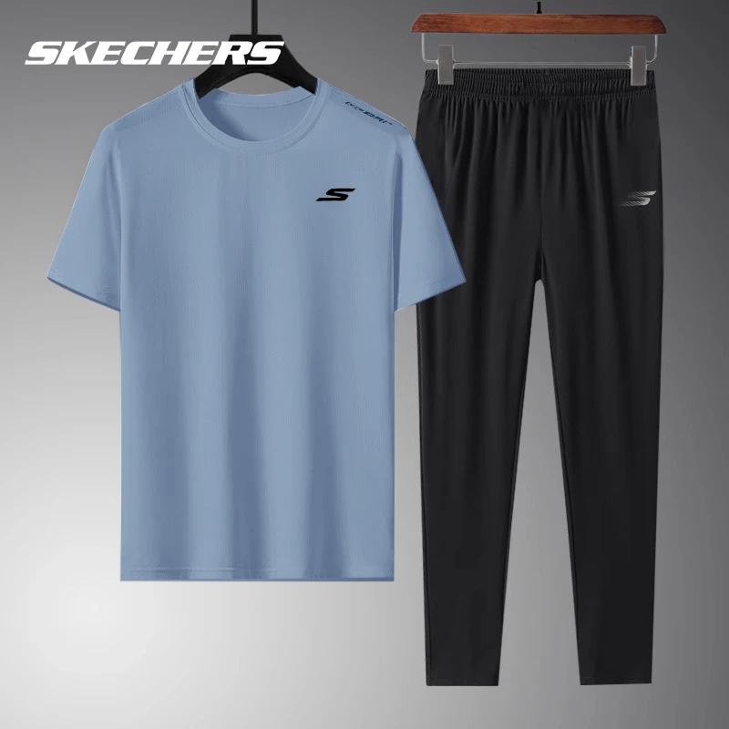 斯凯奇冰丝速干套装男女款夏季短袖长裤团购队服情侣运动服两件套