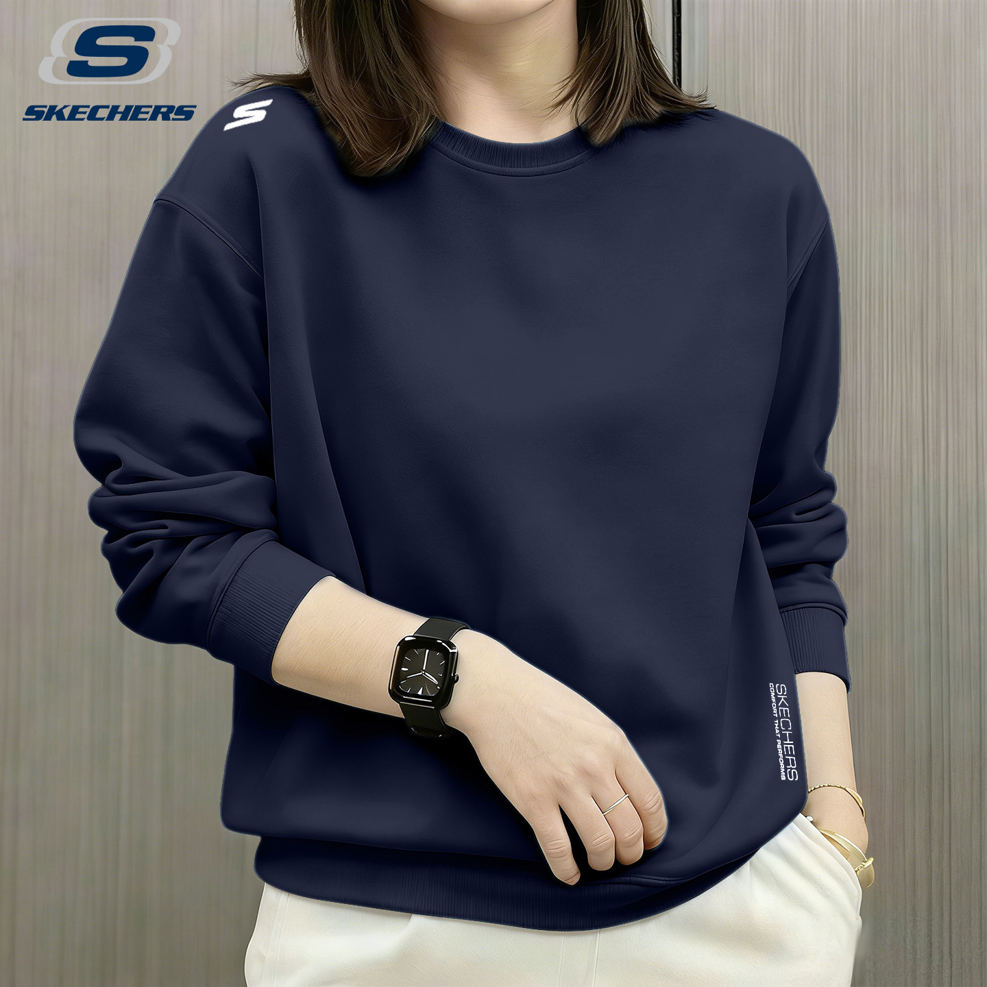 斯凯奇灰色卫衣女款春季2026春季新款慵懒风上衣圆领无帽加绒长袖