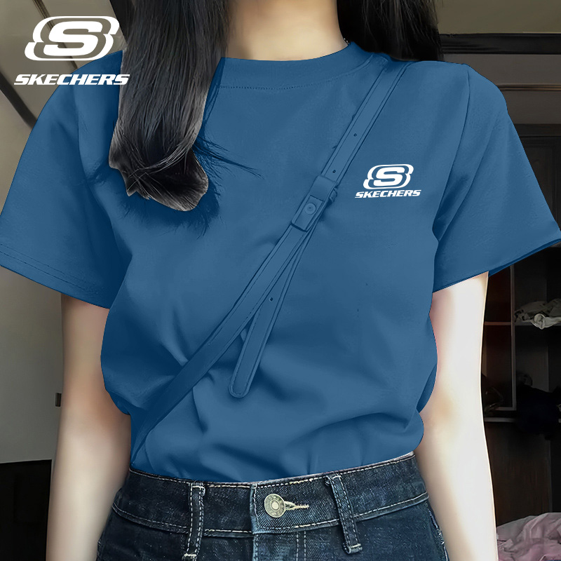 斯凯奇纯棉蓝色短袖T恤女运动服