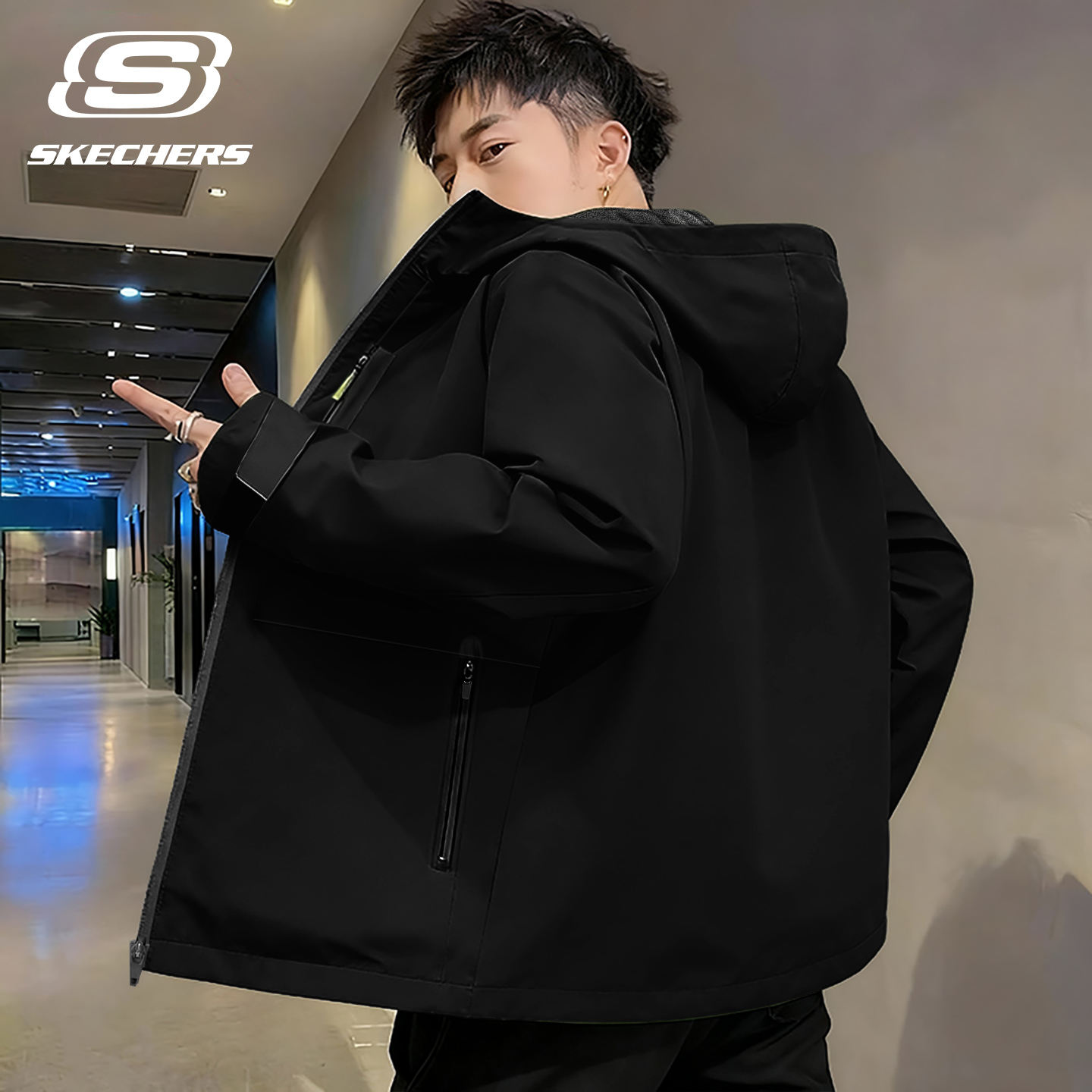 斯凯奇外套男士春秋防风连帽夹克