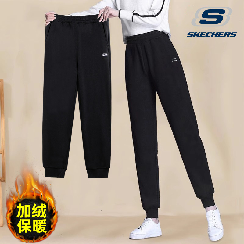 斯凯奇运动裤卫裤女秋冬季宽松直筒加绒裤子束脚针织休闲跑步长裤