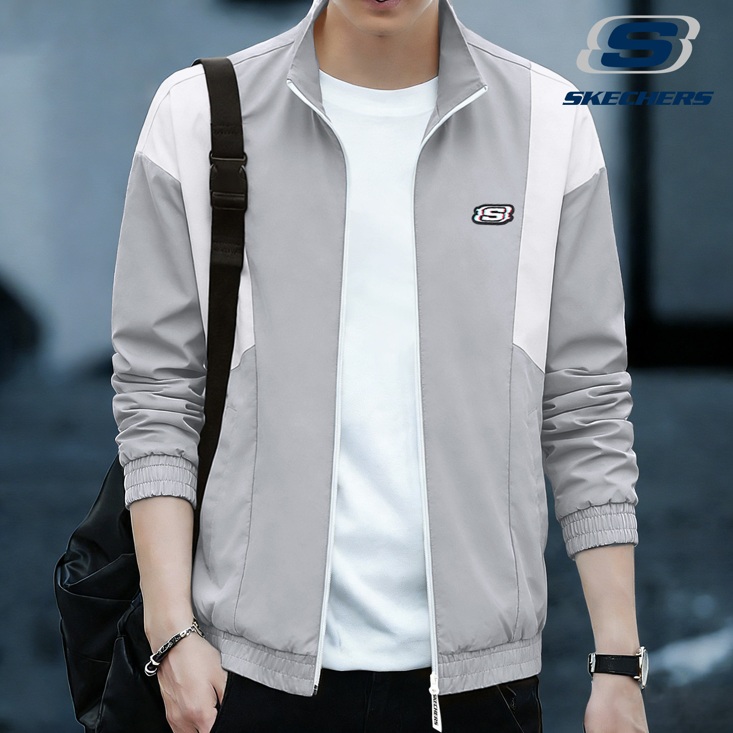 斯凯奇男款外套2026春季新款宽松大码立领休闲夹克开衫运动风衣男