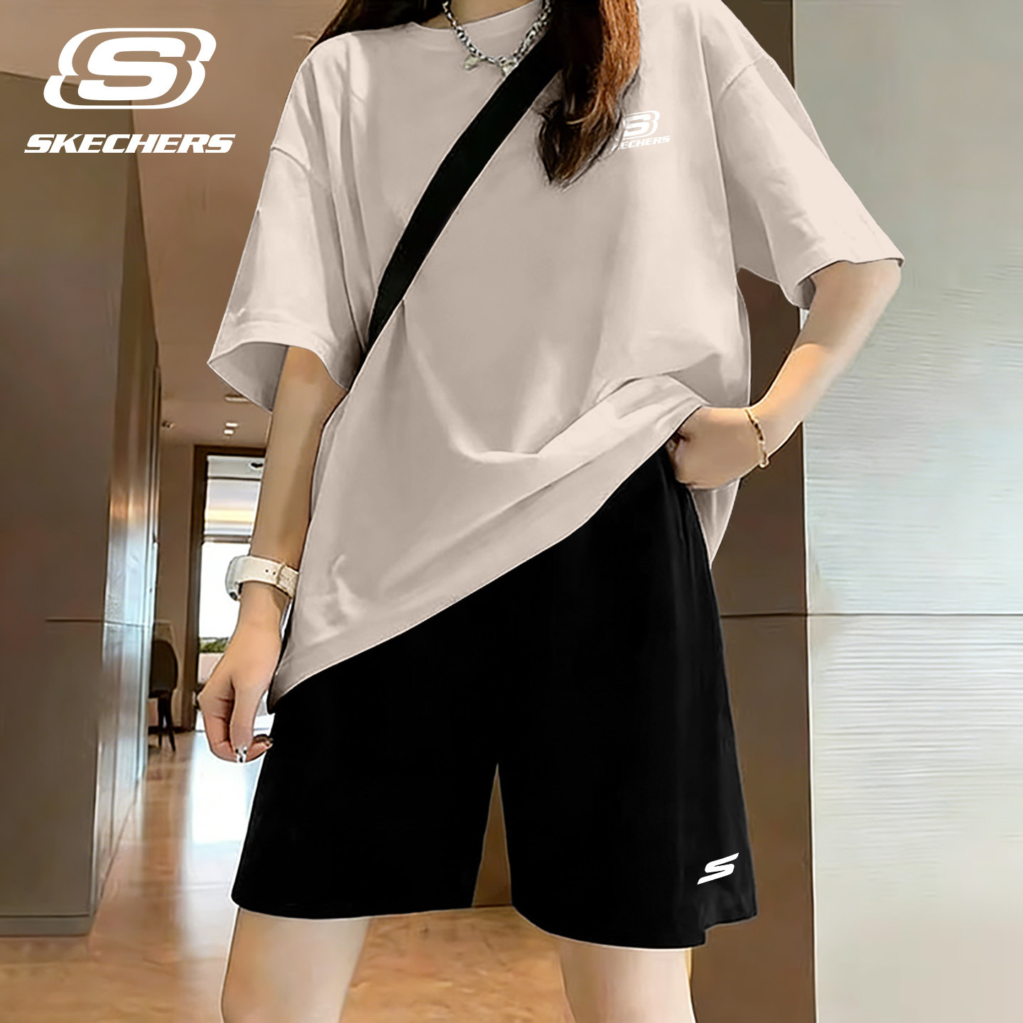 斯凯奇运动套装女士2026新款夏季羽毛球服健身跑步短袖短裤两件套