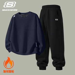 斯凯奇运动套装男装2026新款秋冬加绒保暖卫衣束脚长裤休闲两件套