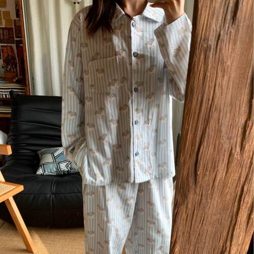 条纹小狗~上新！全棉磨毛小翻领长袖长裤睡衣可爱少女家居服