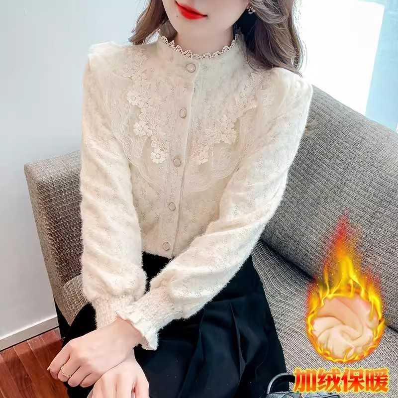 秋冬新款刺绣加绒蕾丝衬衫女