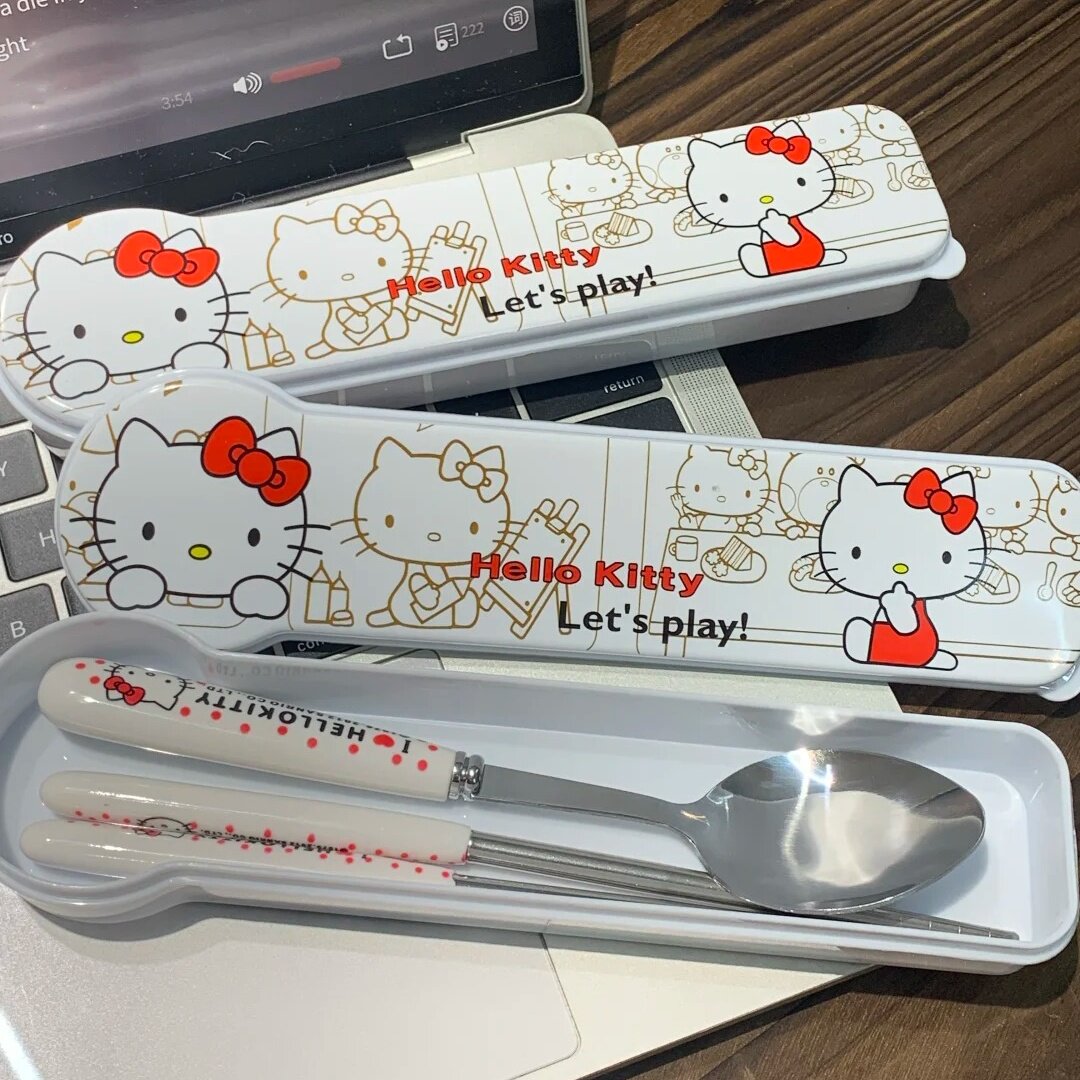 卡通创意蝴蝶猫K不锈钢筷子勺子套装餐具收纳盒宿舍便携三件套女