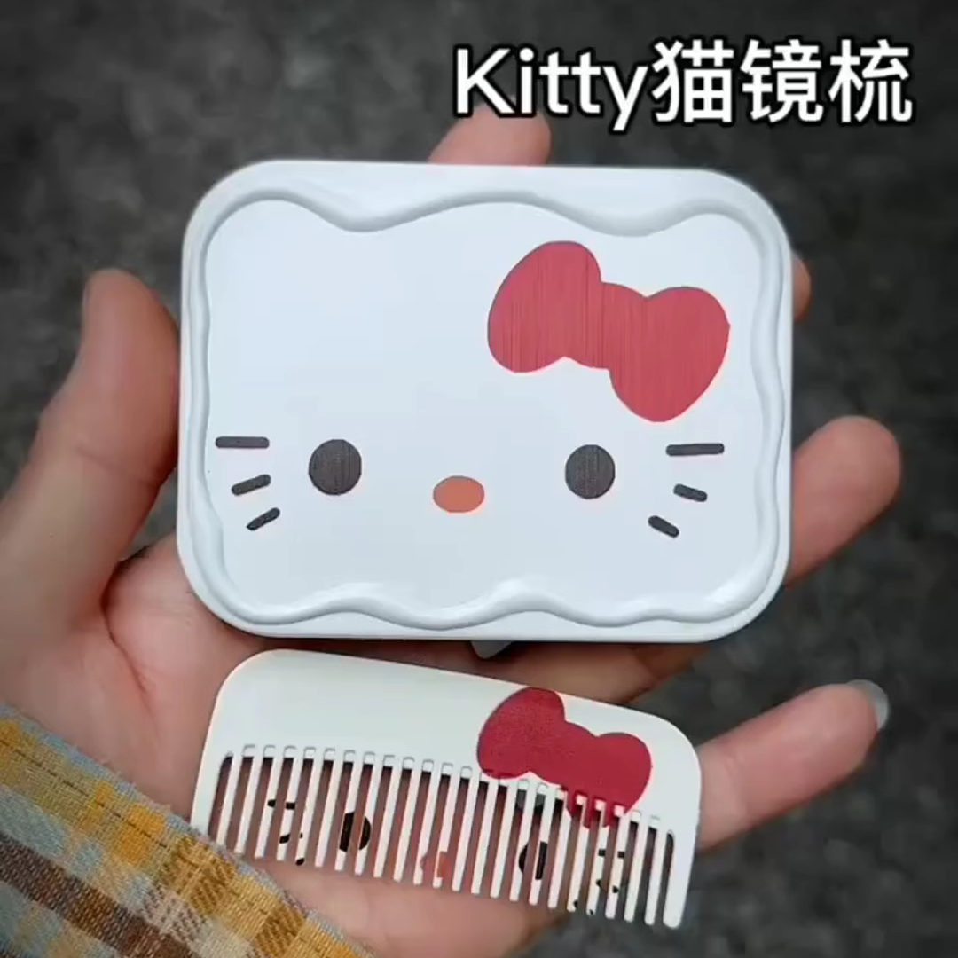 蝴蝶结小猫卡通随身镜便携补妆猫咪带梳子学生迷你户外化妆镜小巧