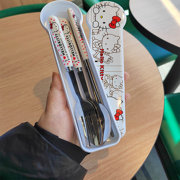 凯帝猫萌系筷叉勺套装家用学生便携餐具三件套可爱ins风高颜值