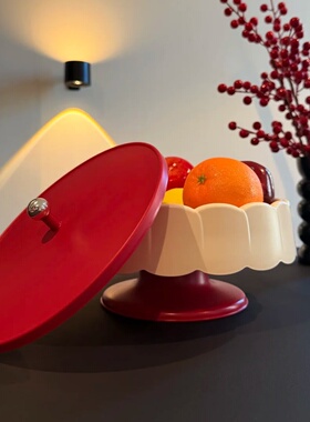 复古花边果盘家用客厅水果盘红色带盖储物篮欧式风格春节过年干果