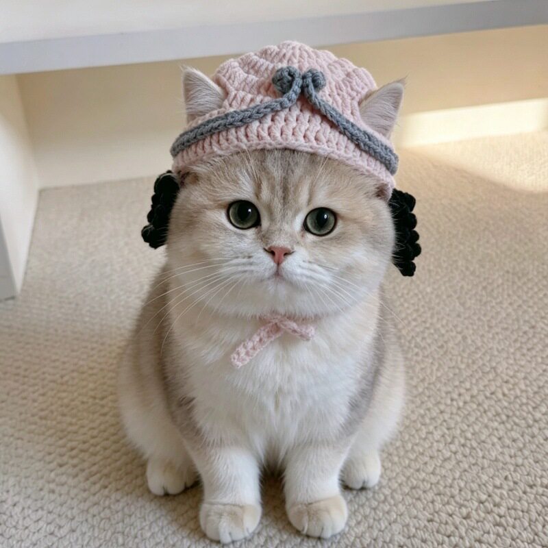 萌尚乐园 猫咪唐僧帽子手工编织毛线宠物搞怪帽可爱头套猪八戒帽