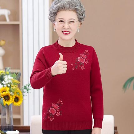 中老年人秋冬e奶奶毛衣女加绒加厚妈妈装套头衫打底衫保暖老人衣