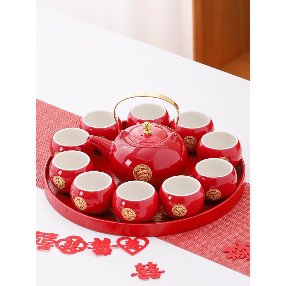 新人改口敬茶杯结婚茶具套装红色茶壶新娘陪嫁婚礼用品大全木托盘
