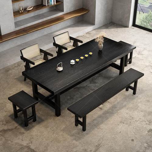 黑实木茶桌椅组合侘寂风客厅家用大板泡茶桌茶几办公室茶台一体