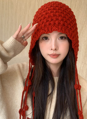 红色针织帽子女秋冬款毛