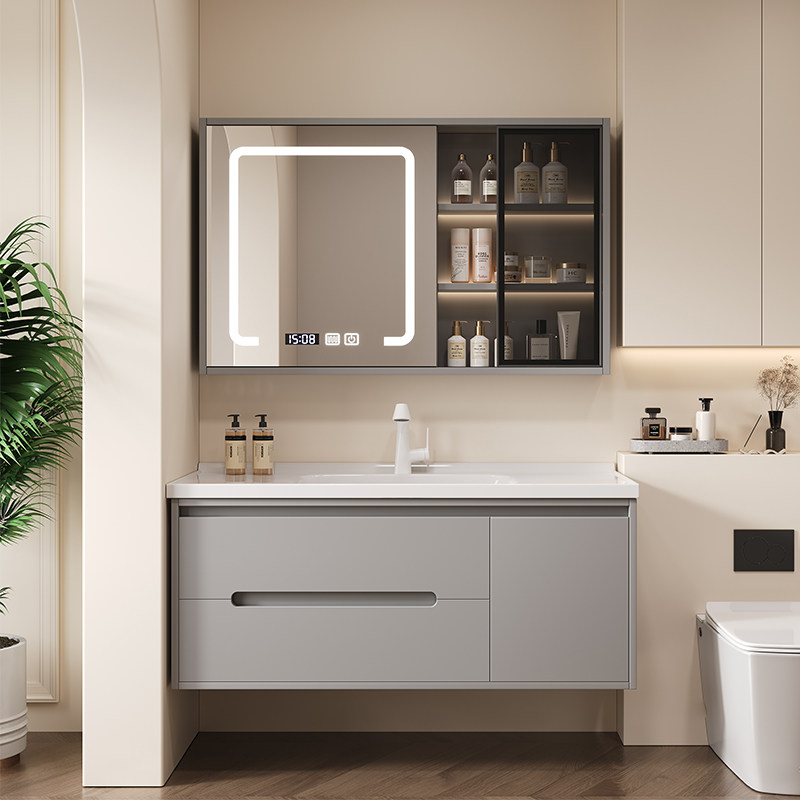 新款现代简约小户型陶瓷一体盆实木智能组合浴室柜卫生间洗漱台