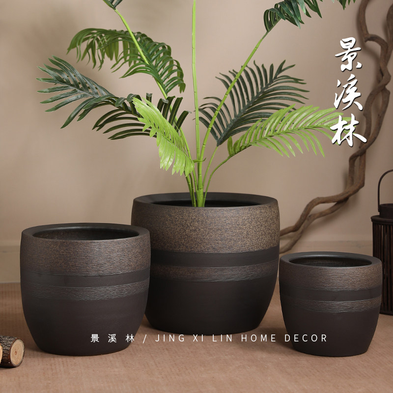 新中式创意简约景德镇陶瓷花盆复古民宿落地摆件大口土培陶罐装饰