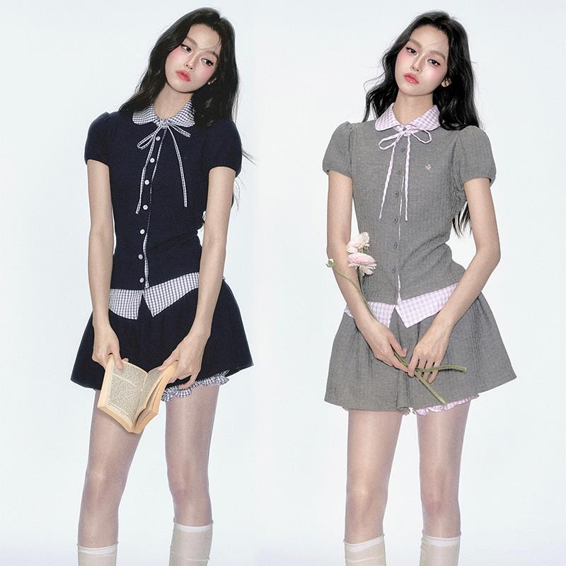 【现货】易碎商店·韩系女高学院风格子衬衫短袖裙子夏日两件套装