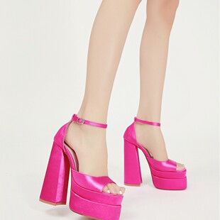 shoes women夏季新品方头中空粗跟绸缎高跟鱼嘴女鞋恨天高大码走