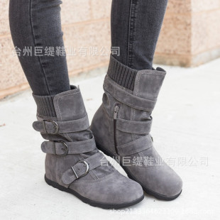 shoes women棉靴 巨缇冬季wish欧美裸靴平底大码短靴女加厚女士皮