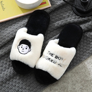 毛毛一字拖仿兔毛月子拖鞋 卡通人头头像情侣拖鞋 women韩版 shoes