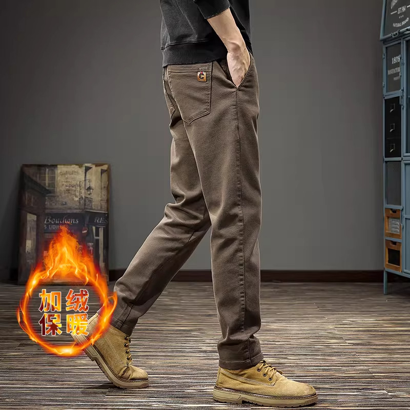 法国高端品牌咖色休闲裤男士修身直筒微锥加绒保暖长裤子冬季新款