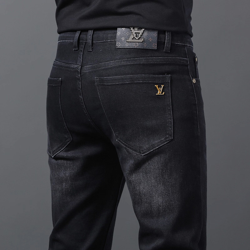 法国高端品牌黑灰色牛仔裤男冬季新款修身小脚加绒加厚纯棉休闲裤