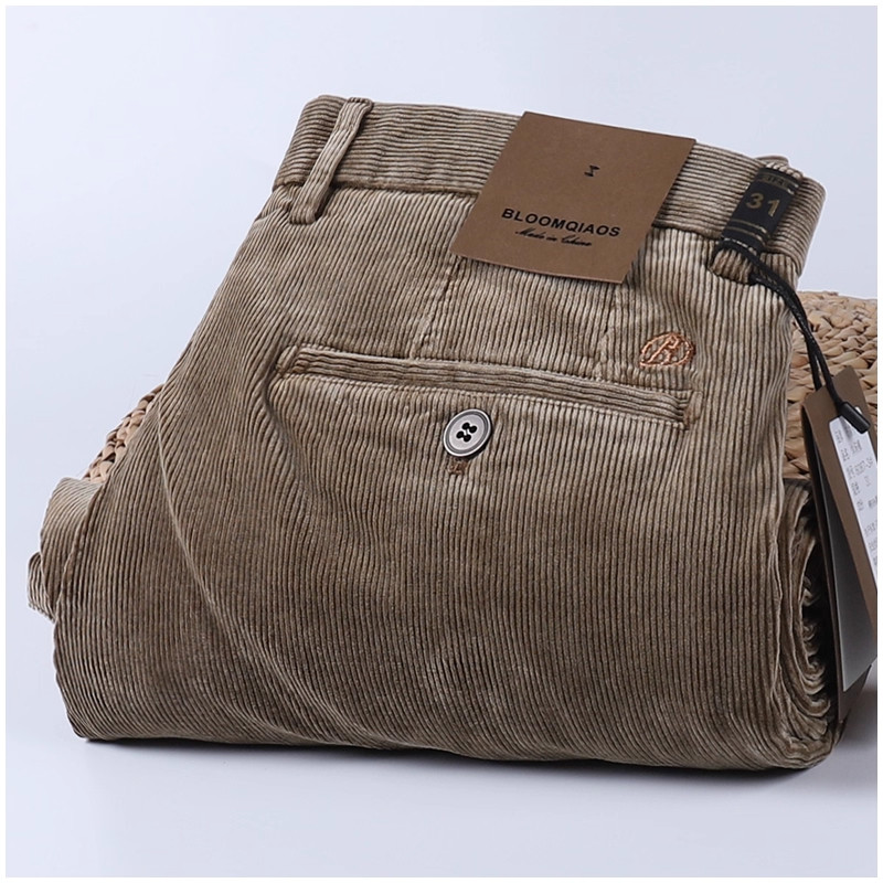 法国高端品牌灯芯绒休闲裤男士修身直筒条纹刺绣厚款裤子冬季新款