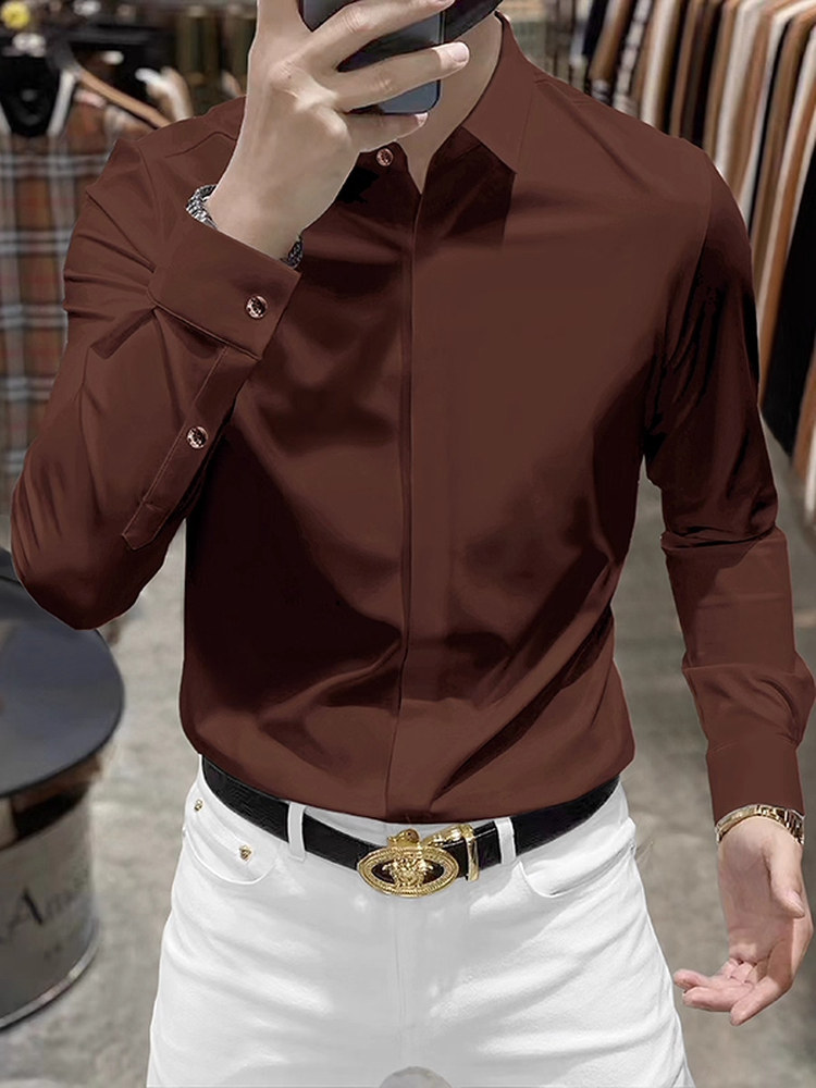 意大利品牌高端暗扣长袖衬衫男士秋季新款免烫抗皱修身休闲衬衣潮