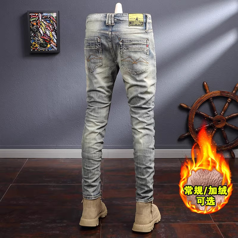 法国高端品牌加绒内胆牛仔裤男士修身小脚抗寒保暖纯棉休闲裤冬季