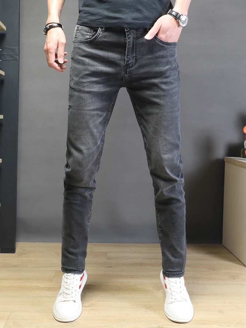 法国高端品牌黑灰色牛仔裤男士修身小脚弹力纯棉休闲长裤秋季新款