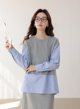 CLUB NEWS拼接烫钻条纹衬衫假两件圆领卫衣衬衫女打底宽松上衣