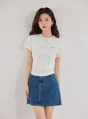 CLUB NEWS春夏季叠褶弹力圆领短袖T恤女百搭显瘦简约休闲短袖上衣