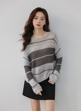 CLUB NEWS气质渐变条纹针织衫女撞色休闲宽松长袖针织衫小众上衣