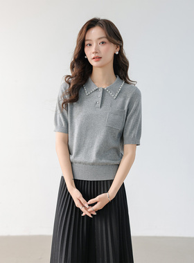 CLUB NEWS春秋季钉珠甜美短袖Polo衫套头口袋短袖针织衫女