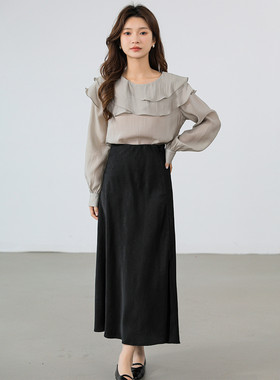 CLUB NEWS纹理侧开叉缎面亲肤丝滑质感宽松显瘦垂感高腰半身裙女