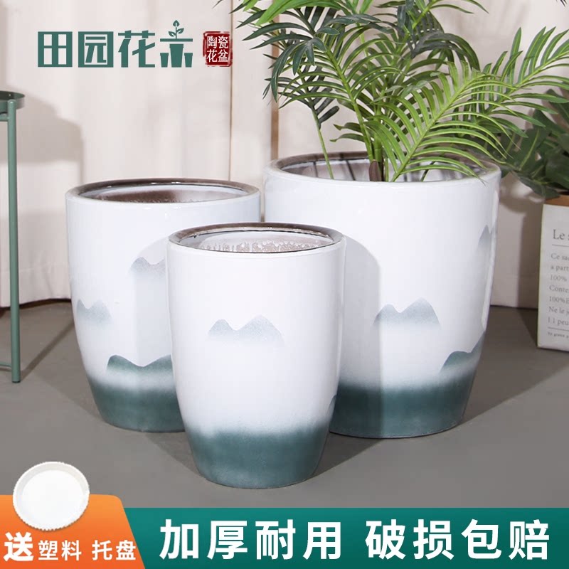 陶瓷大花盆中式水墨山水种树绿植盆栽大厅轻奢发财树天堂鸟专用盆