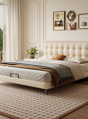 CBD意式极简华夫格软包储物真皮床主卧室现代简约北欧