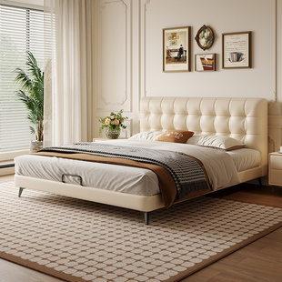 CBD意式极简华夫格软包储物真皮床主卧室现代简约北欧