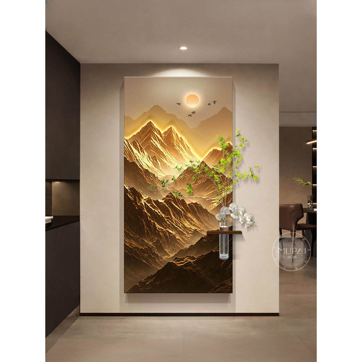 东墙日照金山入户玄关装饰画新中式山水画壁画灯客厅走廊过道挂画