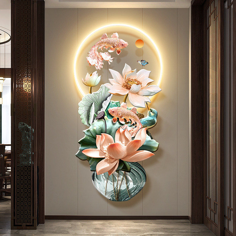 九鱼聚财图玄关装饰画新中式莲花客厅走廊过道挂画2025款发光壁画