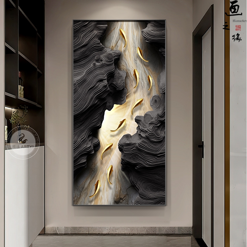 九鱼图客厅玄关装饰画现代寓意好走廊过道挂画高级感大气发光壁画图片